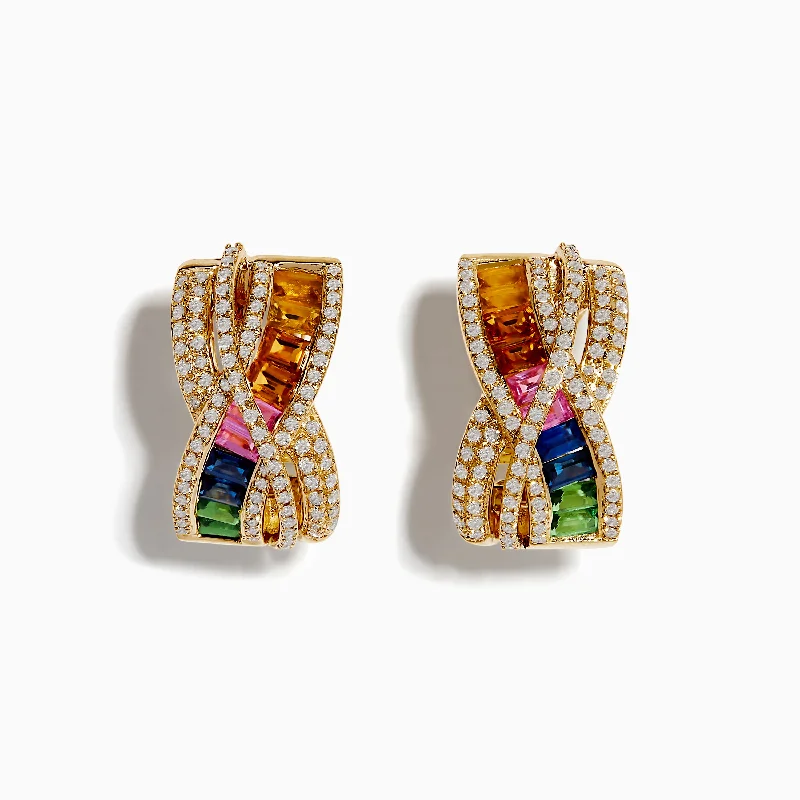 Geometric Earrings For Fashion Forward Style-14K Yellow Gold Multi Color Sapphire and Diamond Crossover Hoop Earrings