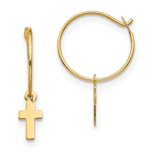 Vintage Drop Earrings For Elegant Appeal-14k Gold Endless Hoop With Small Cross Earrings