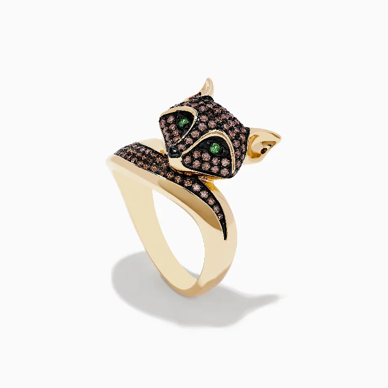 Women’s gold wedding bands-Safari 14K Yellow Gold Brown Diamond and Tsavorite Fox Ring