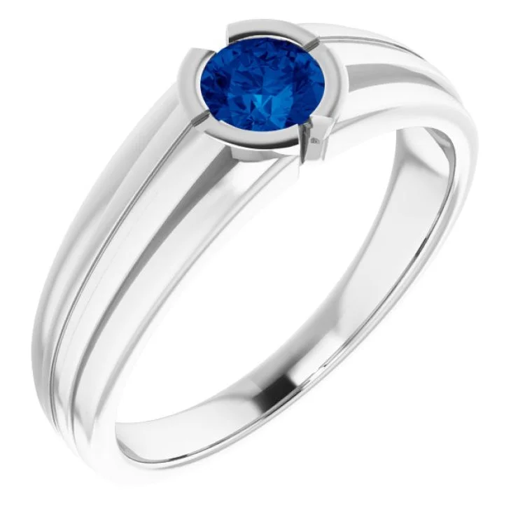 Handcrafted gemstone engagement rings-14K White Lab-Grown Blue Sapphire Ring