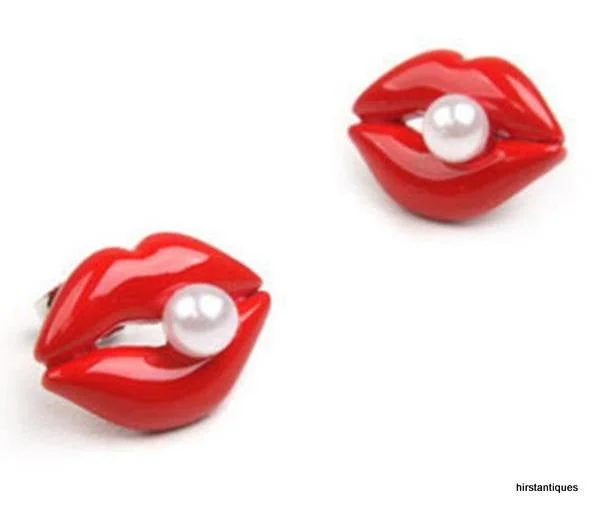 Bold Pearl Earrings For Timeless Style-Red Lips Earrings Enamel with Pearl