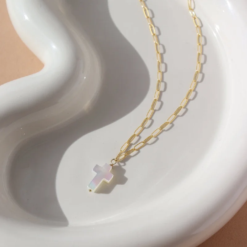 Bohemian-style crystal necklaces-Mother of Pearl Cross Necklace