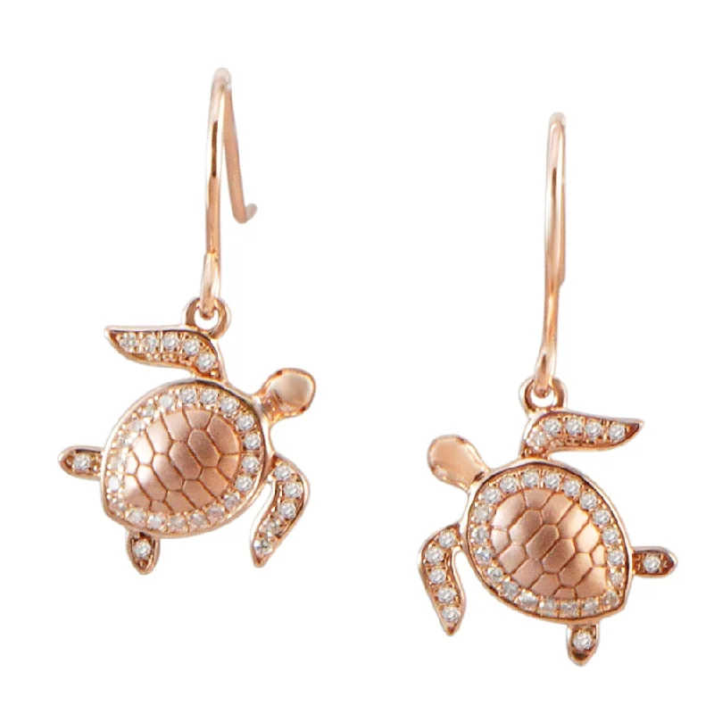 Small Stud Earrings For Subtle Elegance-Sterling Silver Rose Gold Pave CZ Turtle Dangle Earrings