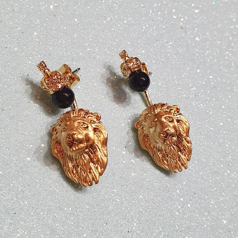 Unique Stud Earrings For Statement Style-Bill Skinner Lion Earrings Ear Jacket Crown Gold Black