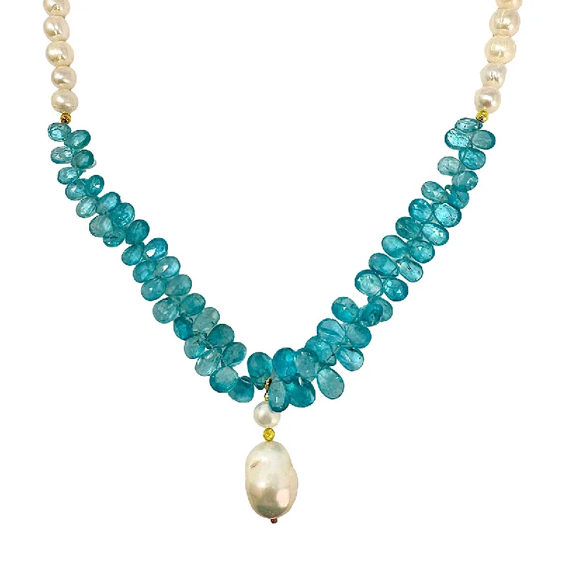 Modern geometric necklaces for men-18" Freshwater Pearl and Blue Apatite Briolette Necklace