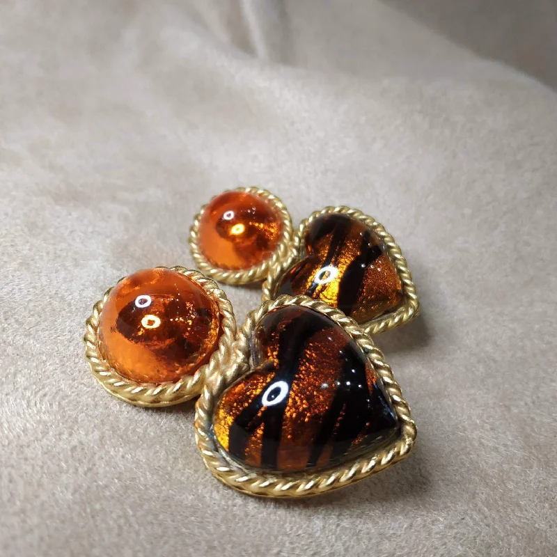 Stylish Dangle Earrings For Fashion Statements-Vintage Heart Earrings by Rima Ariss Clip On Orange/Amber Leopard