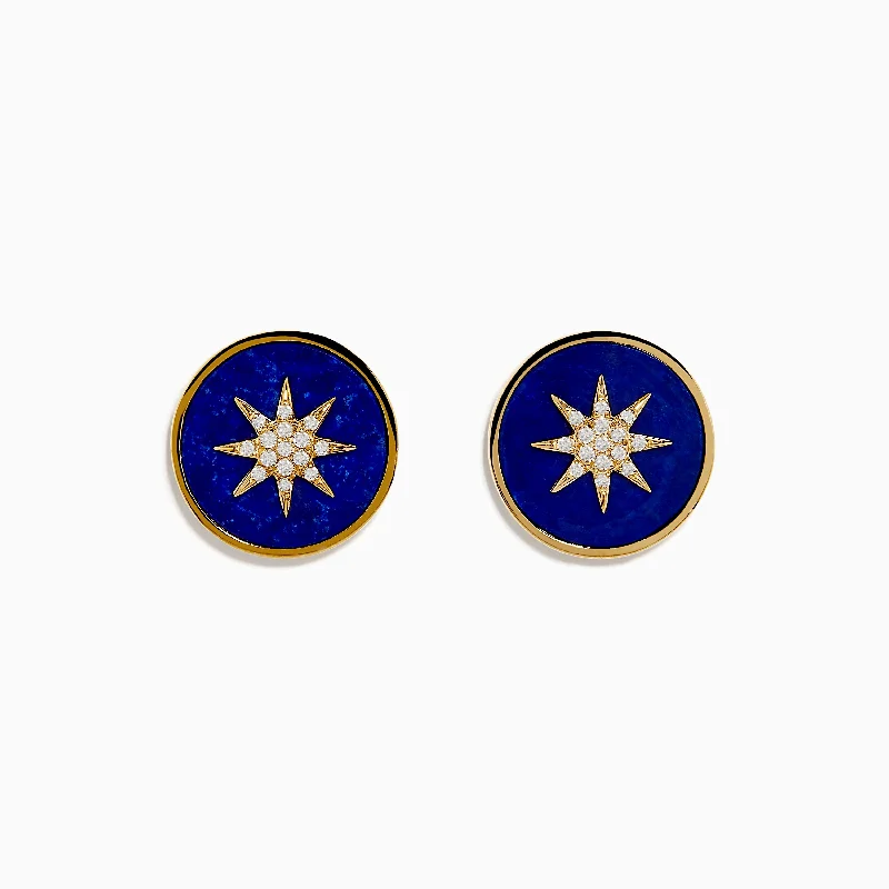 Cute Dangle Earrings For Casual Looks-14K Yellow Gold Lapis and Diamond Star Compass Earrings