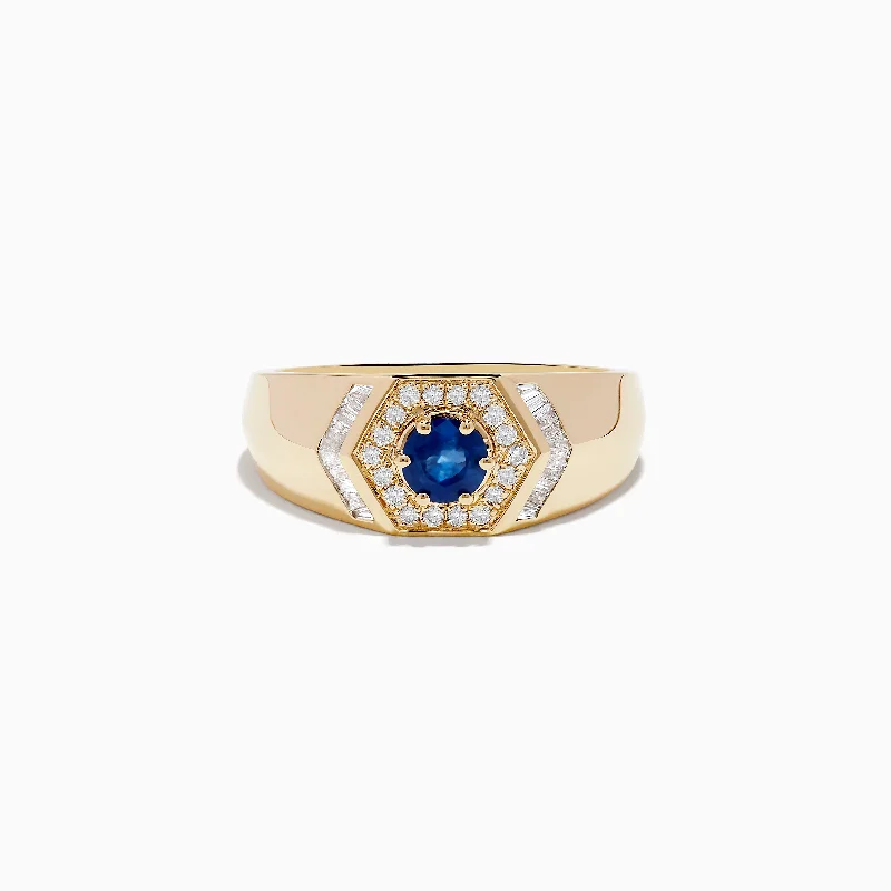 Thin wedding rings-Men's 14K Yellow Gold Blue Sapphire and Diamond Ring