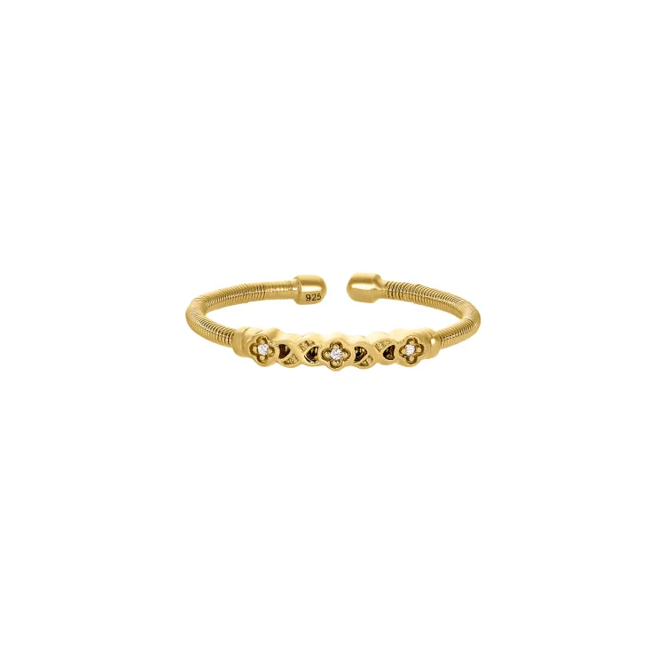 Matching wedding rings for women-Gold Finish Sterling Silver Cable Cuff Ring with Simulated Diamond XO Flower Design