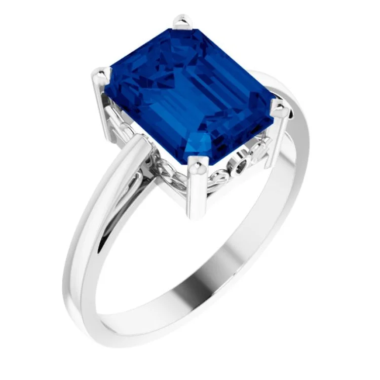 Matching wedding rings for brides and grooms-14K White Lab-Grown Blue Sapphire Scroll Setting® Ring