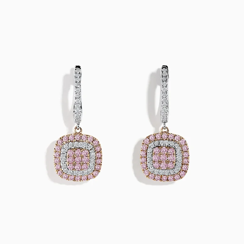 Classic Stud Earrings For Casual Fashion-14K Two-Tone Gold Pink and White Diamond Drop Earrings