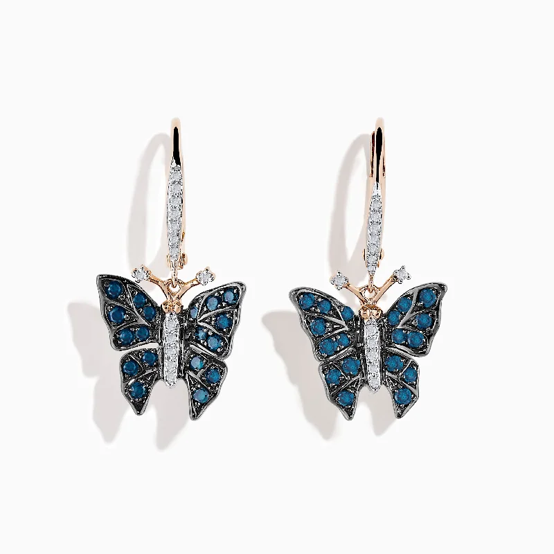 Gold Earrings For Everyday Wear-14K Rose Gold White and Blue Diamond Butterfly Earrings