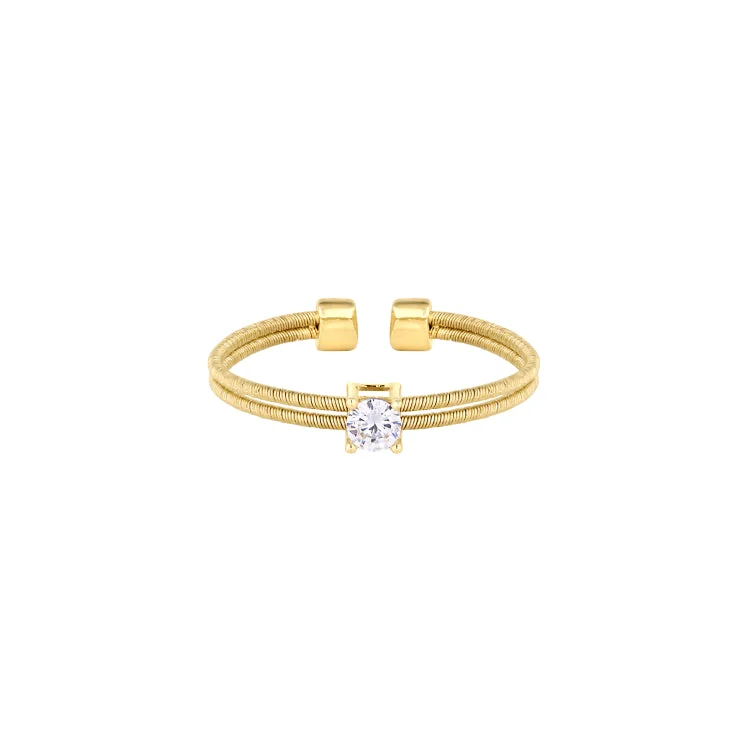 Luxury rings with diamonds-Gold Finish Sterling Silver Two Cable Cuff Ring with a Solitaire Simmulated Diamond