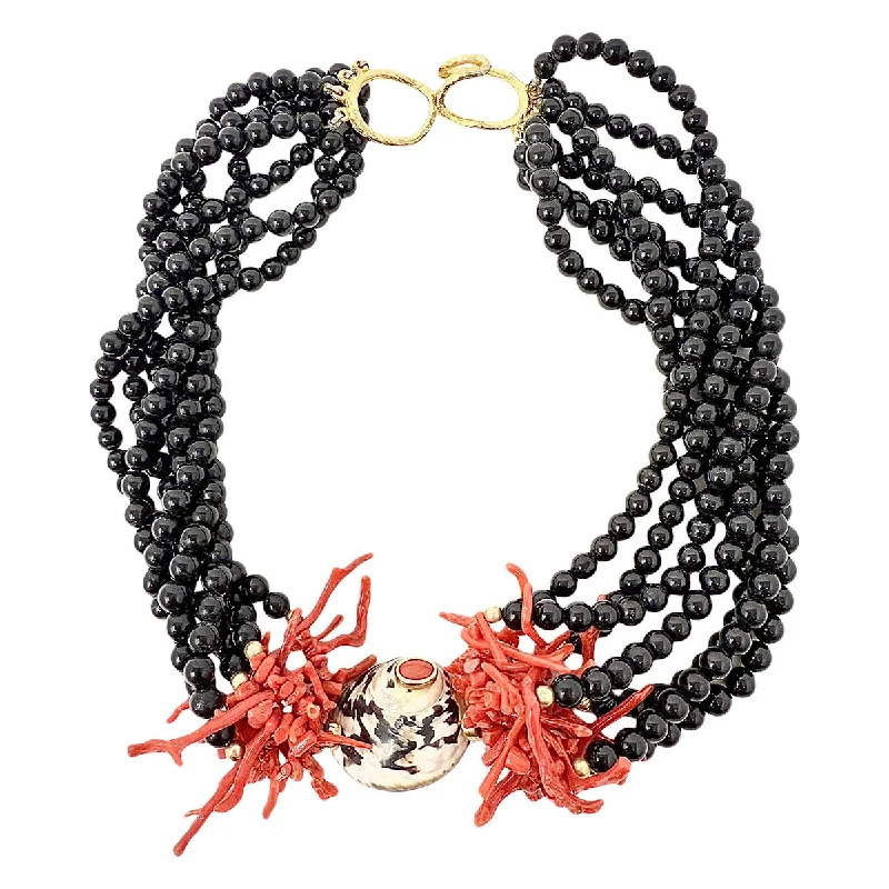 Layered necklaces with gold chains-Onyx and Coral Necklace