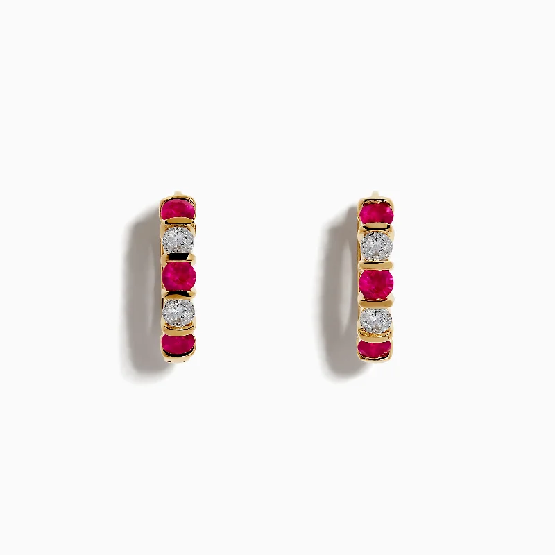 Bold Earrings For Head-Turning Look-Ruby Royale 14K Yellow Gold Ruby and Diamond 5/8" Hoop Earrings