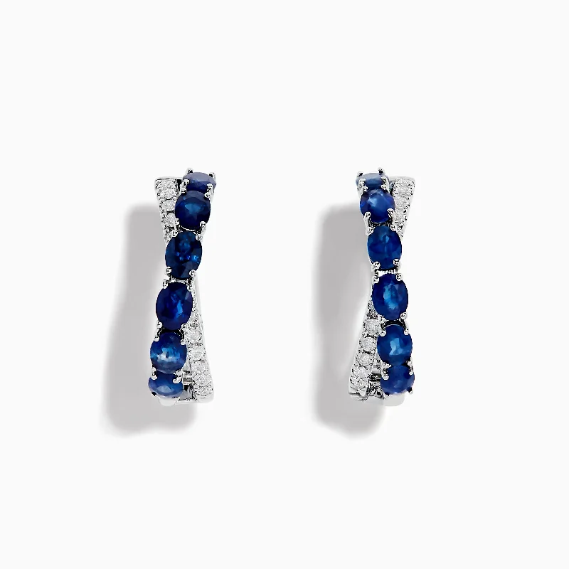 Classic Gold Earrings For Brides-Royale Bleu 14K White Gold Blue Sapphire and Diamond Hoop Earrings