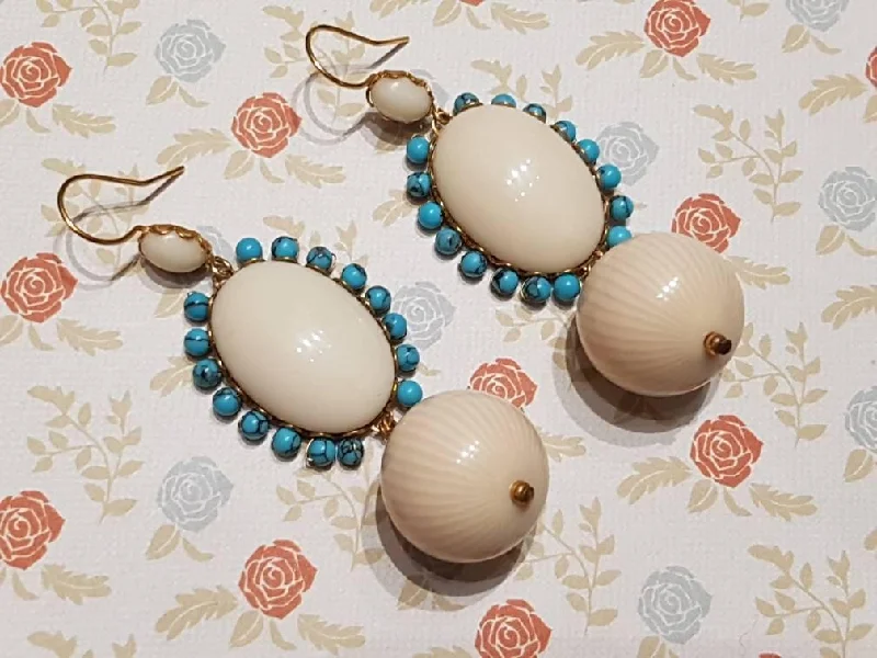 Long Chain Earrings For Fashion Lovers-Askew London Cream Turquoise Glass Chandelier Earrings Unsigned