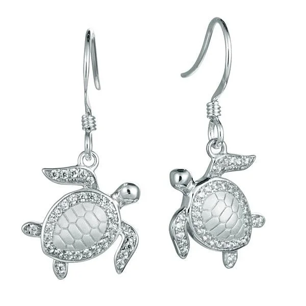 Trendy Earring Designs For 2025-Sterling Silver Alamea Pave CZ Sea Turtle Dangle Earrings