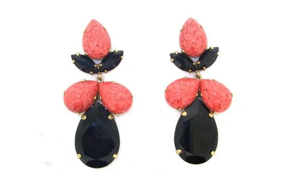 Fashionable Earrings For Evening Wear-Coral and Black earrings  Glass and Crystal Chandelier Pierced by Frangos