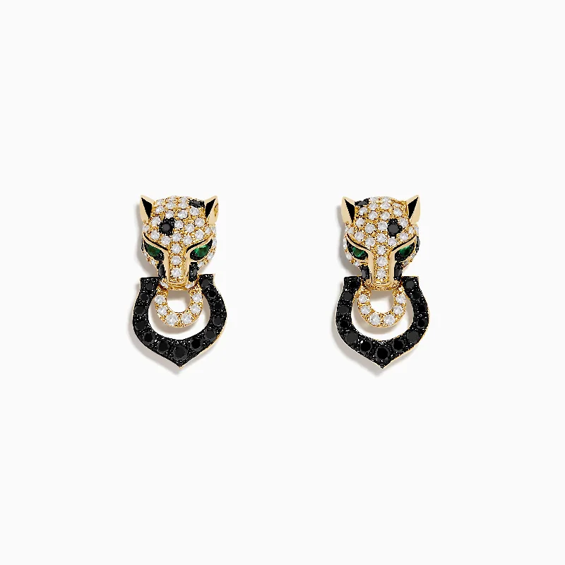 Geometric Stud Earrings For Modern Appeal-Signature 14K Yellow Gold White and Black Diamond Panther Earrings