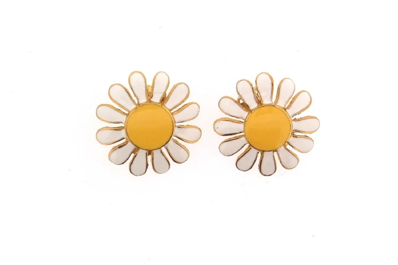 Simple Silver Earrings For Everyday Looks-Daisy Earrings Vintage style Yellow and white Enamel Flowers