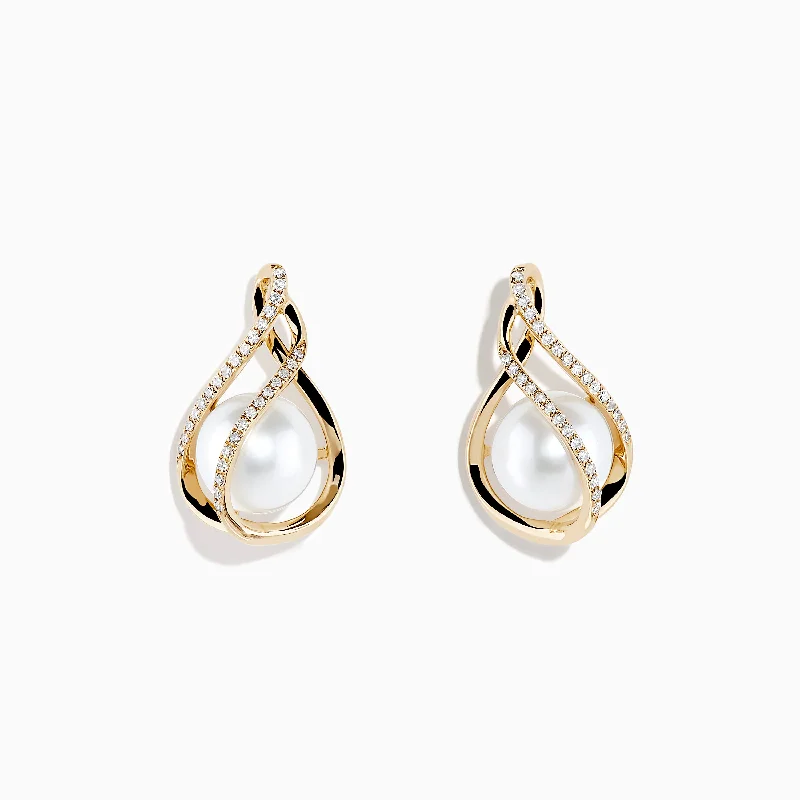 Clear Crystal Earrings For Elegant Shine-14K Yellow Gold Diamond Fresh Water Pearl Drop Earrings