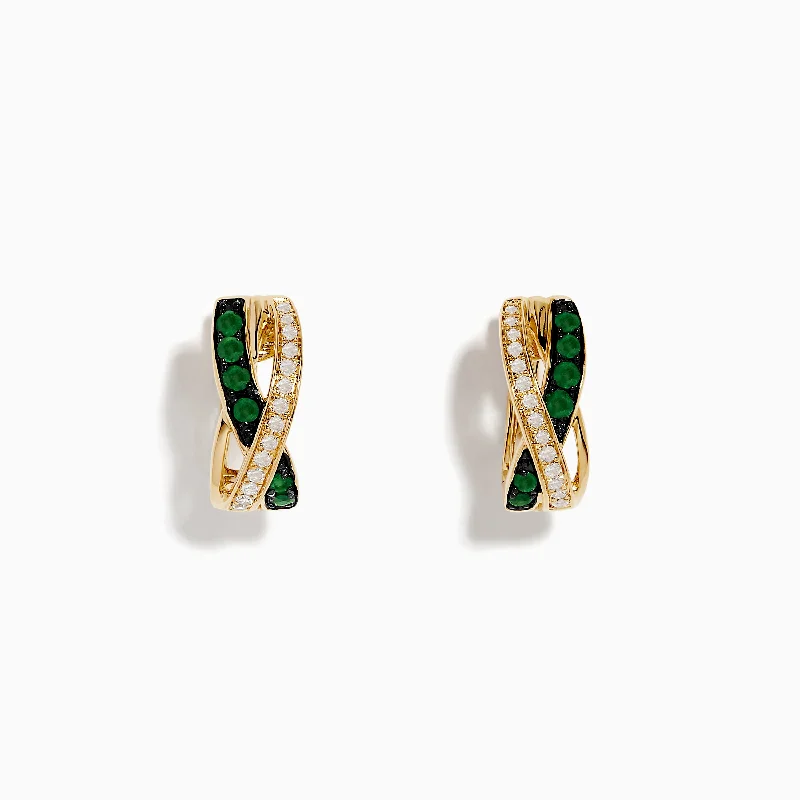 Crystal Earrings For Special Occasions-14K Yellow Gold Emerald and Diamond Crossover Hoop Earrings 1/2"