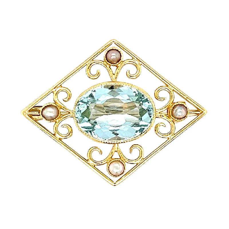 Colorful Gem Brooch-Aquamarine & Pearl Brooch