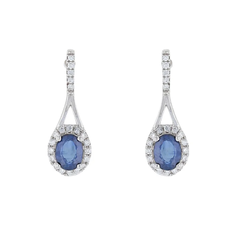 Funky Earrings For Everyday Look-Oval Sapphire Diamond Halo Drop Earrings