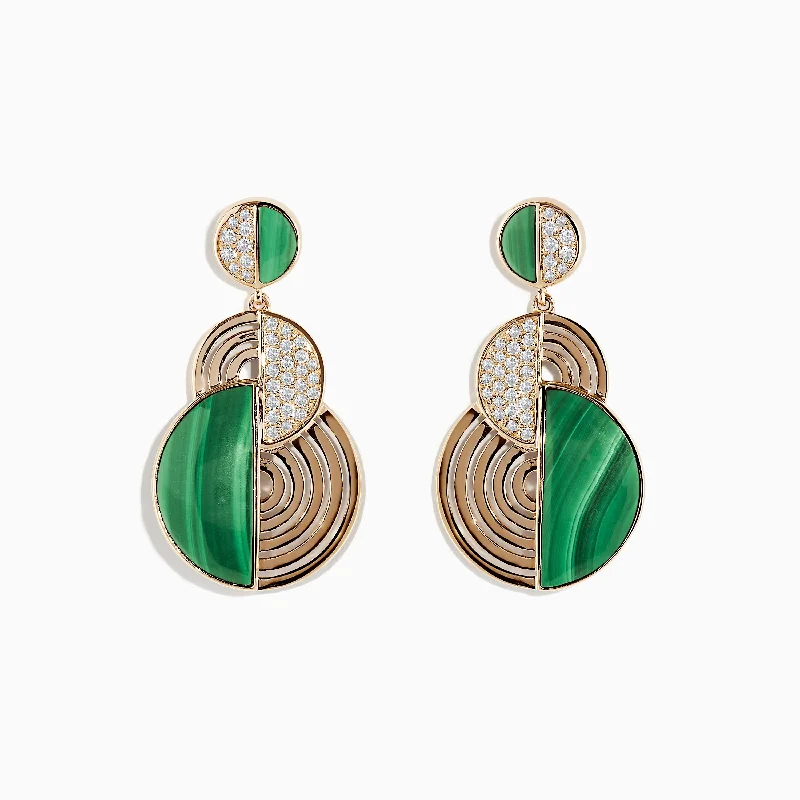 Large Stud Earrings For Bold Style-14K Yellow Gold Half Moon Malachite and Diamond Earrings