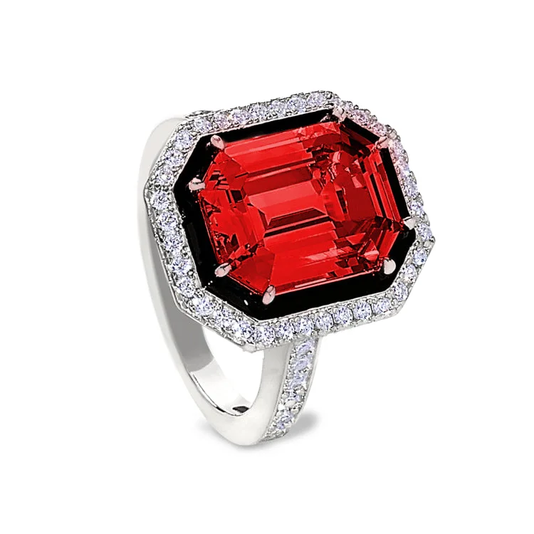 Gemstone wedding rings-Platinum Finish Sterling Silver Micropave Black Enamel & Simulated Ruby Octagon Ring with Simulated Diamonds - Size 7