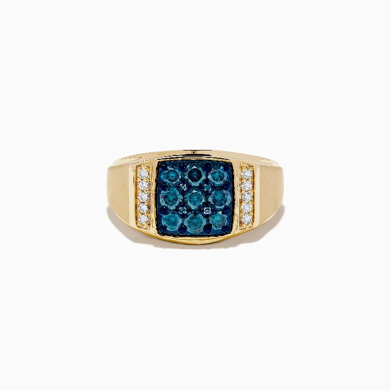 Custom wedding rings for men-Men's 14K Yellow Gold Blue and White Diamond Ring