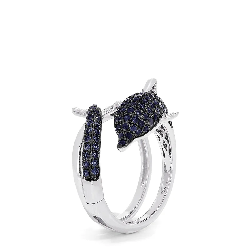 Classic engagement rings for men-Seaside 14K White Gold Blue Sapphire & Diamond Dolphin Ring, 1.12 TCW