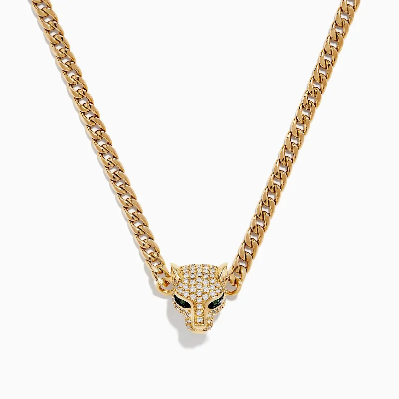 Stylish silver necklaces for casual wear-Signature 14K Yellow Gold Diamond and Emerald Panther Necklace