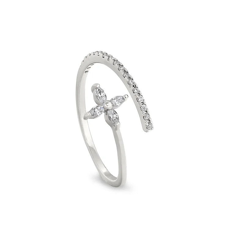 Dainty rings-Platinum Finish Sterling Silver Micropave Adjustable Twist Flower Ring with Simulated Diamonds