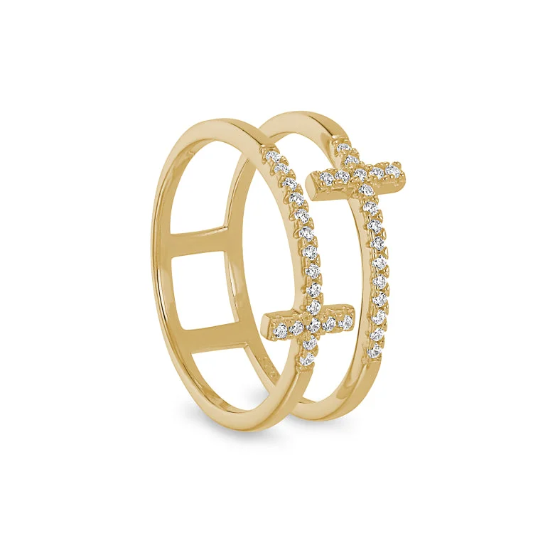 Multi-stone rings-Gold Finish Sterling Silver Micropave Double Cross Ring with Simulated Diamonds