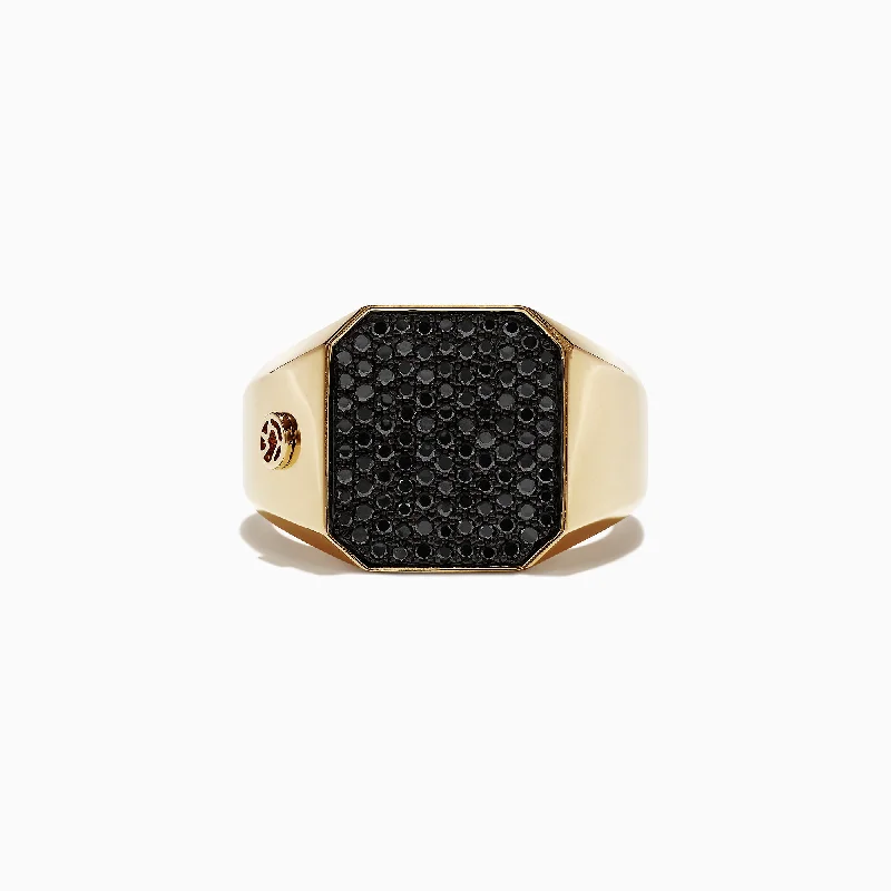 Vintage style engagement rings-Men's 14K Yellow Gold Black Diamond Signet Ring, 0.78 TCW