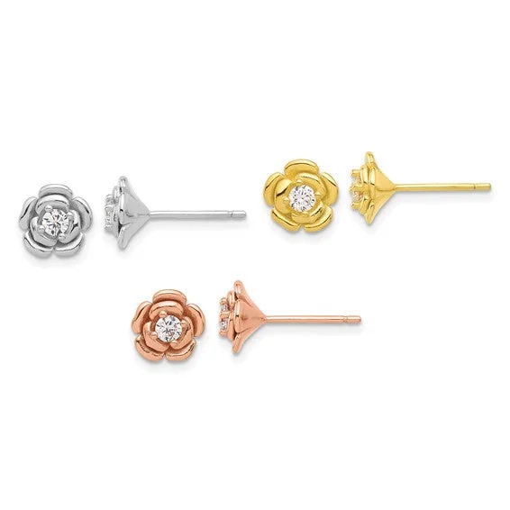 Diamond Earrings For Special Gifts-Sterling Silver Rose Gold and Yellow Gold CZ Rose 3 Pair Earrings Set