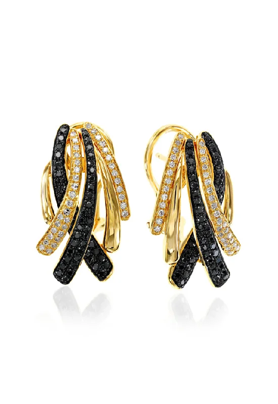 Crystal Earrings For Special Occasions-14K Yellow Gold Black and White Diamond Earrings, 0.82 TCW