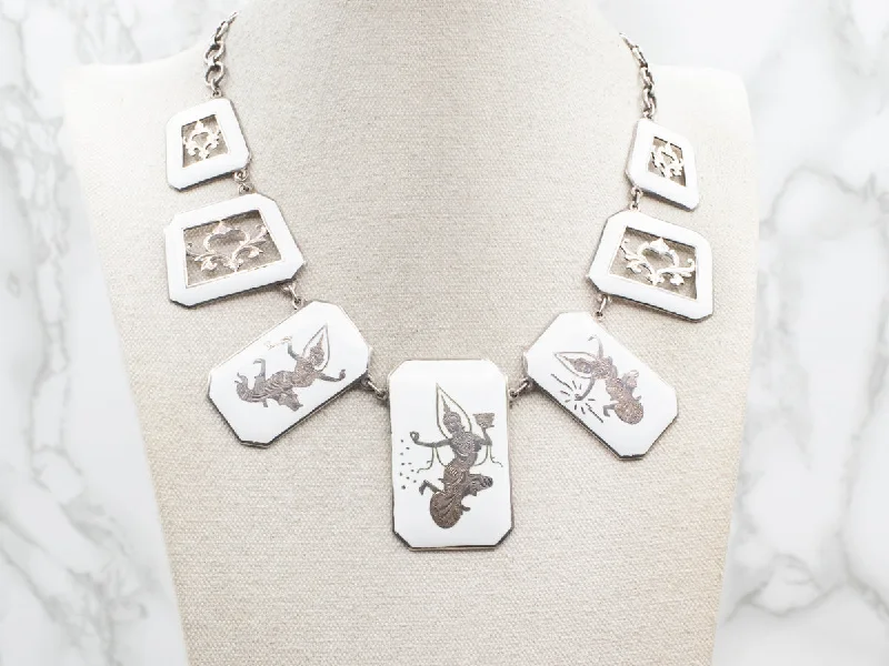 Trendy necklaces for teens-Thai Goddess White Niello-Silver Panel Necklace