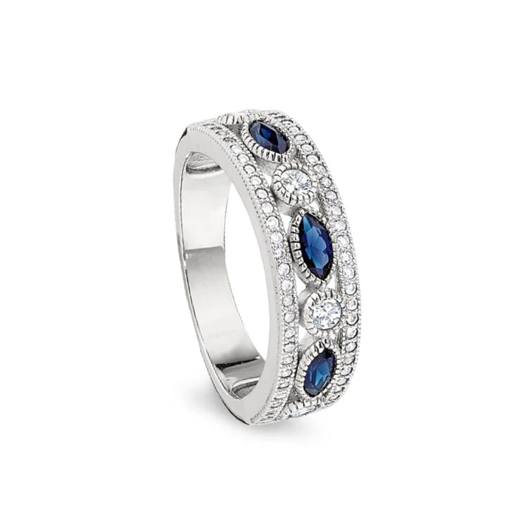 Minimalist engagement rings-Platinum Finish Sterling Silver Micropave Vintage Ring with Synthetic Blue Sapphire & 58 Simulated Diamonds