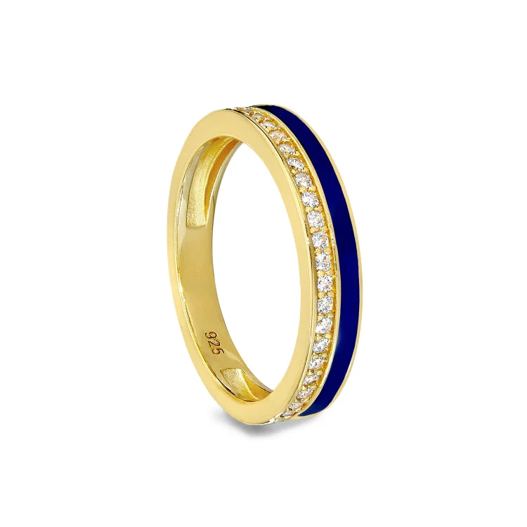 Personalized wedding rings-Gold Vermeil Sterling Silver Micropave Ring with with Navy Enamel and Simulated Diamondss