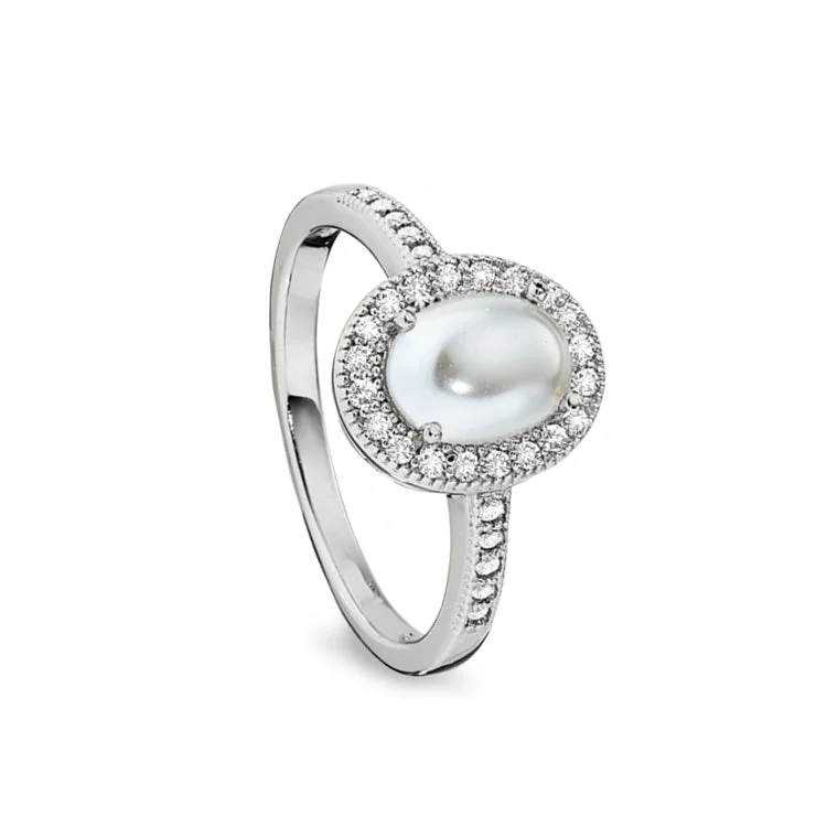 Wedding rings with emeralds-Platinum Finish Sterling Silver Micropave Cabochon Cut Pearl Ring with Simulated Diamonds