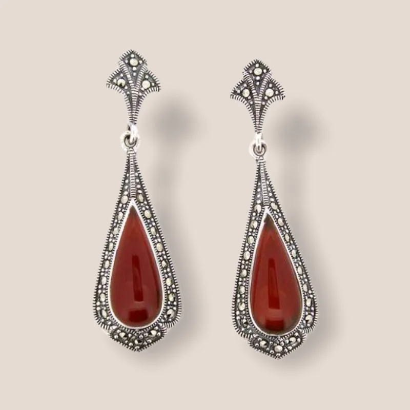 Silver Earrings For Evening Wear-Carnelian Earrings Red Agate Silver Marcasite