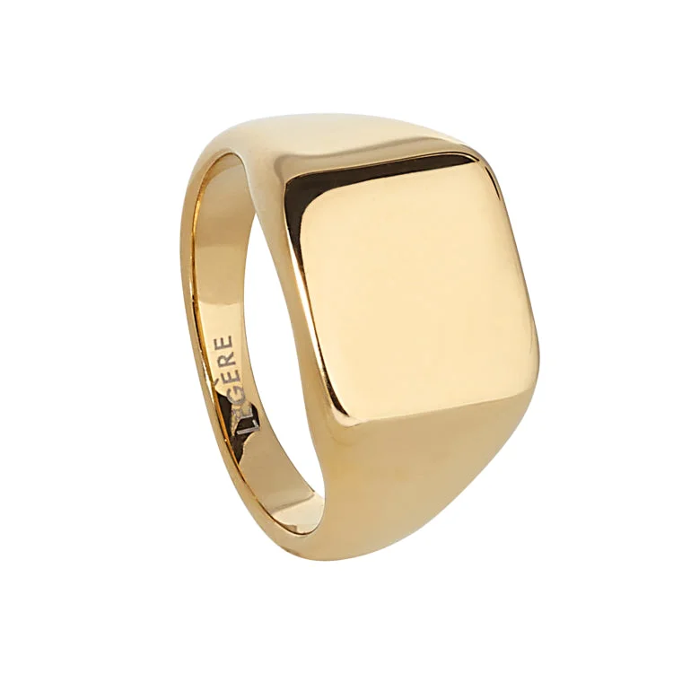 Men’s fashion rings-Gold IP Finish Stainless Steel Square Signet Ring  - Size 12