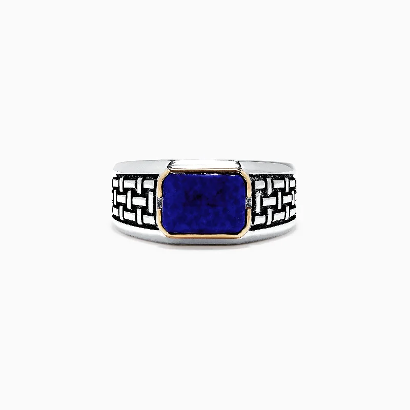 Classic diamond engagement rings-Men's Sterling Silver and 14K Yellow Gold Lapis Lazuli Ring, 2.40 TCW