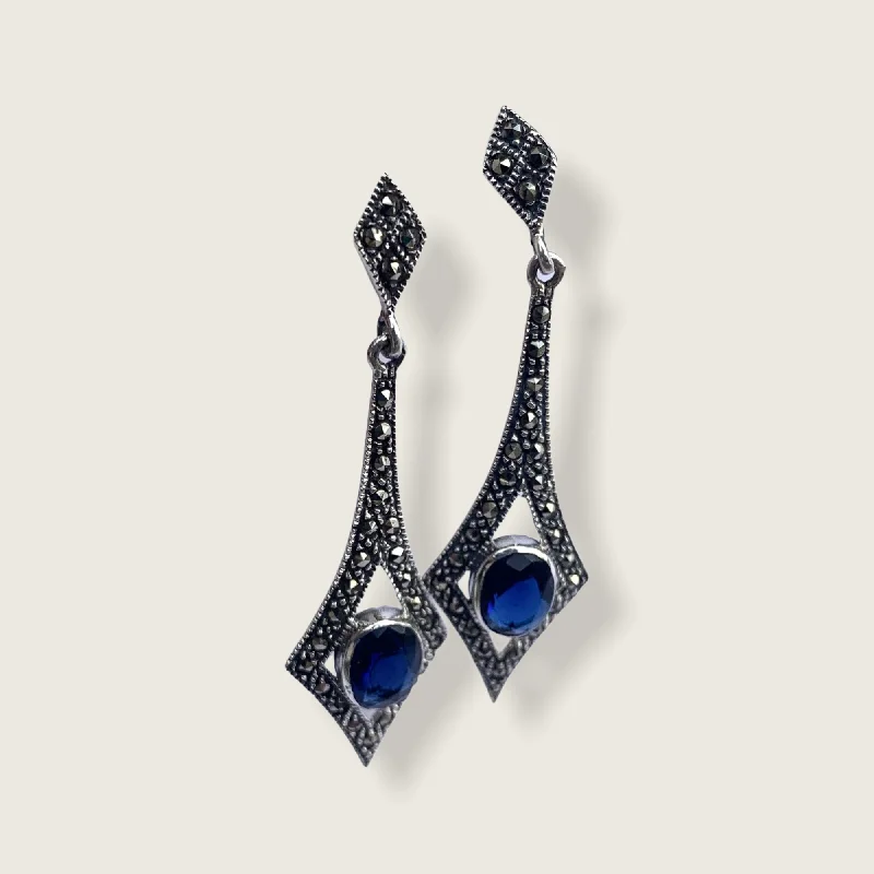 Best Earrings For Sensitive Ears-Sapphire Blue Art Deco Spear Earrings in Silver and Marcasite