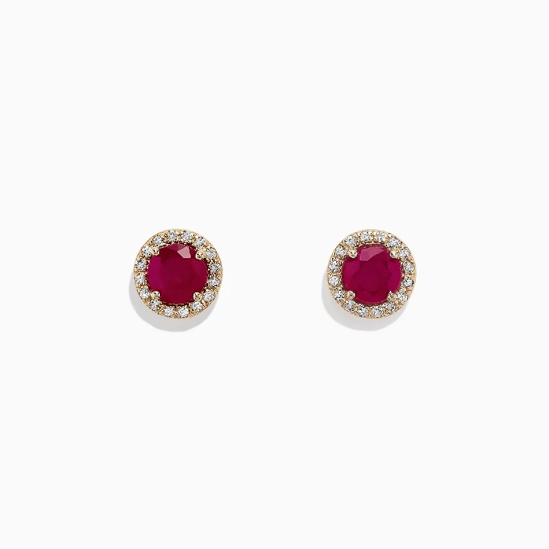 Colorful Hoop Earrings For Bold Fashion-Ruby Royale 14K Yellow Gold Round Diamond Halo Ruby Stud Earrings, 1.27 TCW