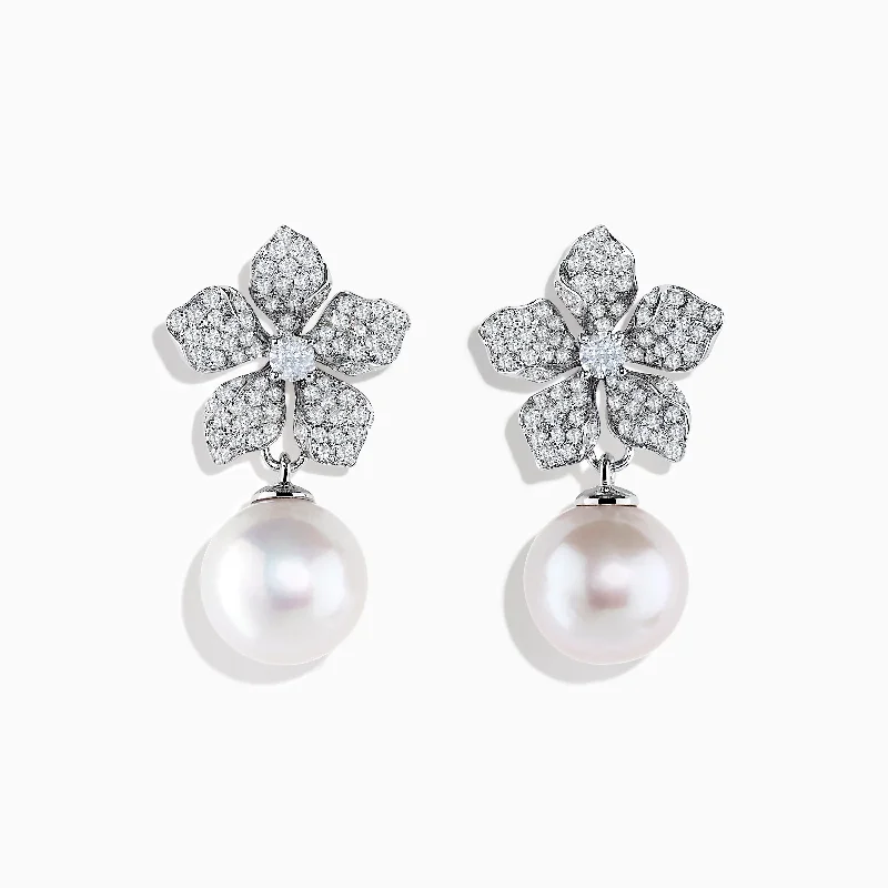 Heart Earrings For Romantic Style-14K White Gold Diamond Flower and Fresh Water Pearl Drop Earrings