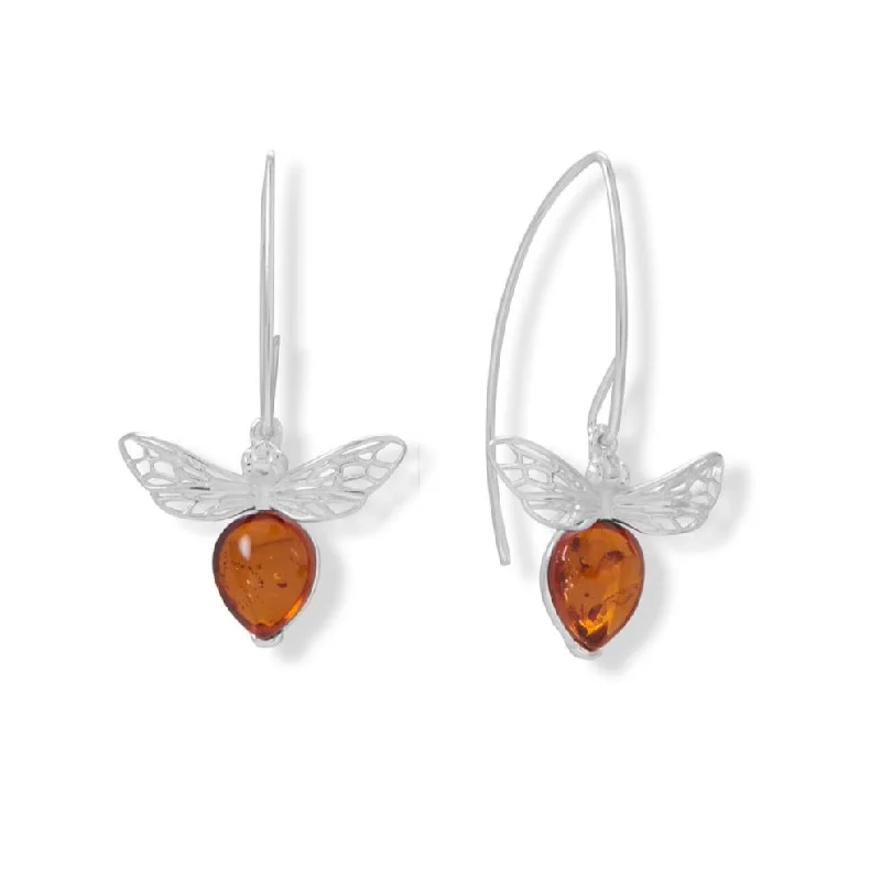 Silver Earrings For Bridal Look-Sterling Silver Amber Honey Bee Drop Wire Earrings